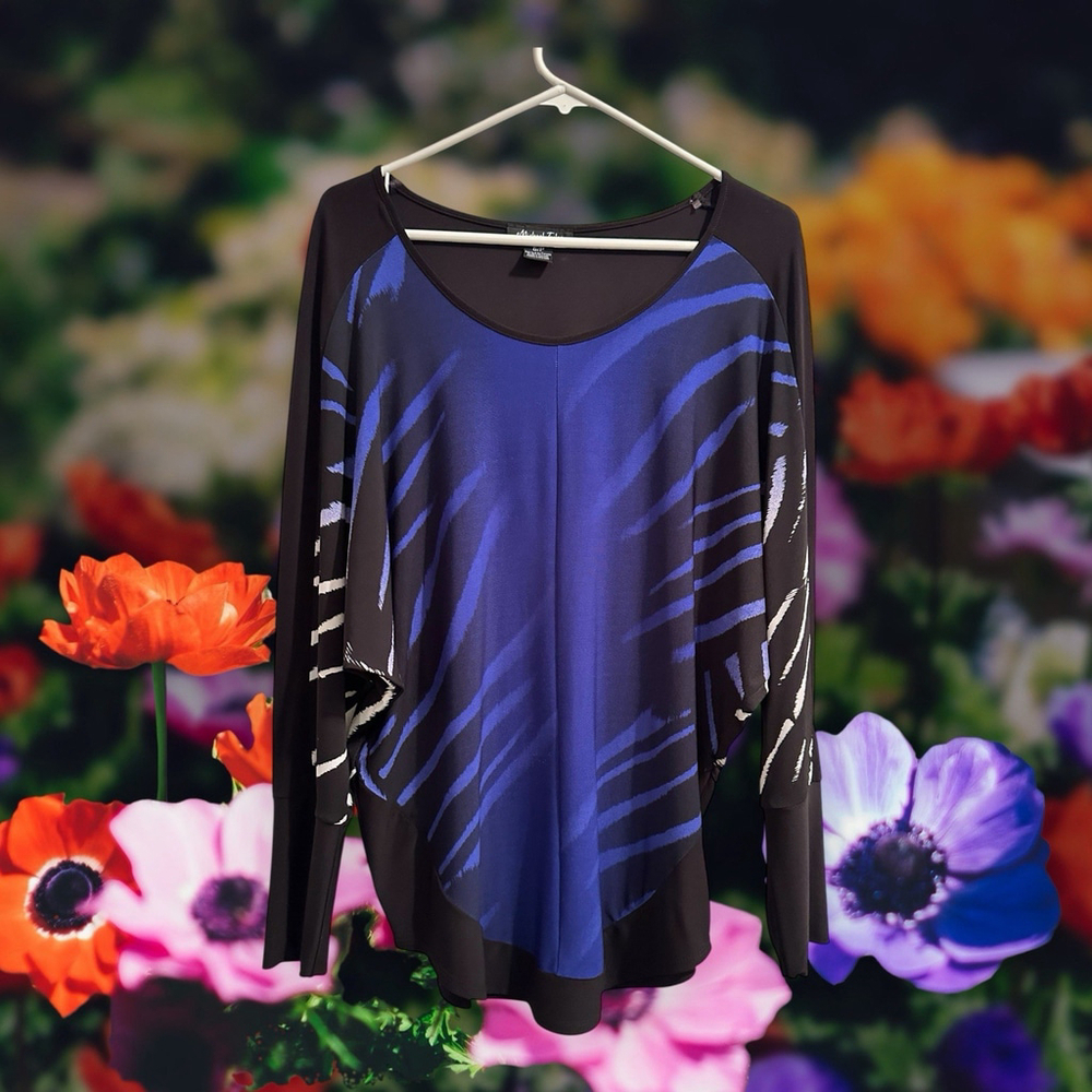 Michael Tyler Animal Print Zebra Tunic Blouse Womens S Blue Abstract Chic Top